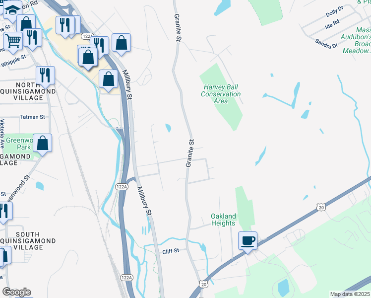 map of restaurants, bars, coffee shops, grocery stores, and more near 374 Granite Street in Worcester