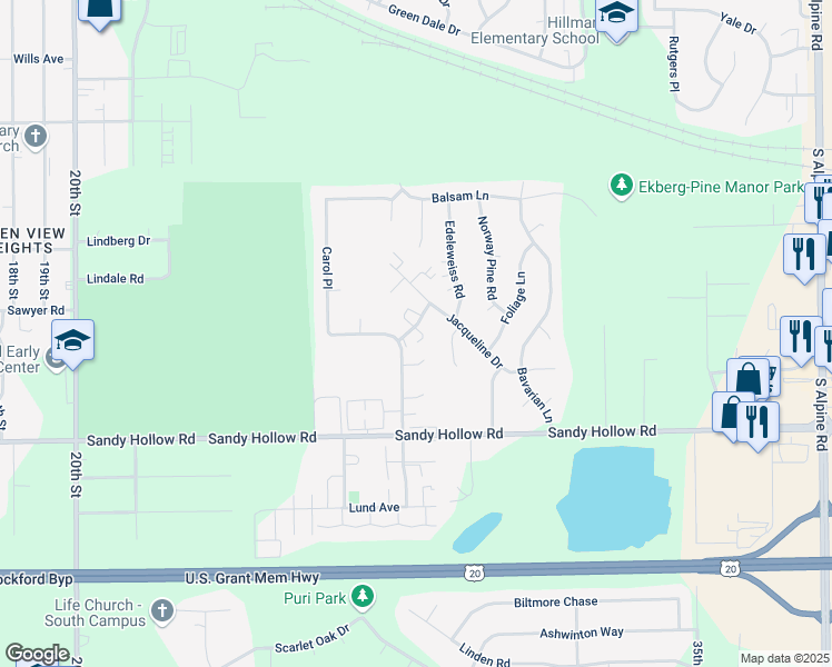map of restaurants, bars, coffee shops, grocery stores, and more near 3110 Meriday Lane in Rockford