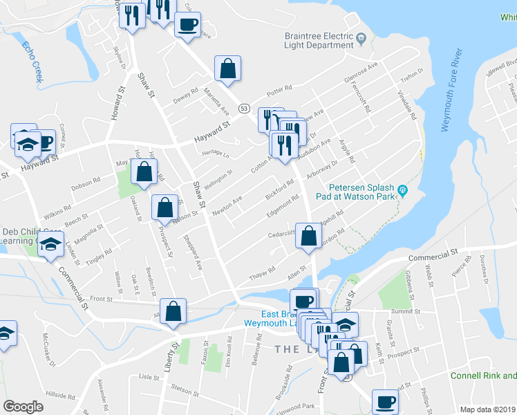map of restaurants, bars, coffee shops, grocery stores, and more near 60 Bickford Road in Braintree