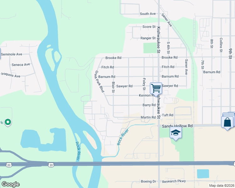 map of restaurants, bars, coffee shops, grocery stores, and more near 406 Kennon Road in Rockford