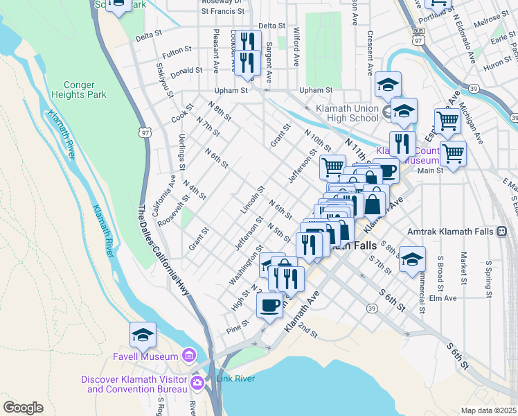 map of restaurants, bars, coffee shops, grocery stores, and more near 515 Jefferson Street in Klamath Falls
