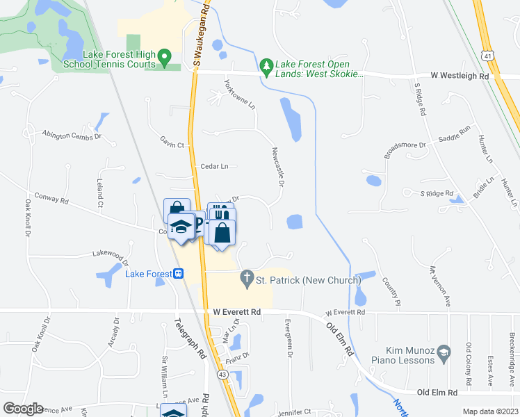 map of restaurants, bars, coffee shops, grocery stores, and more near 919 Coventry Drive in Lake Forest