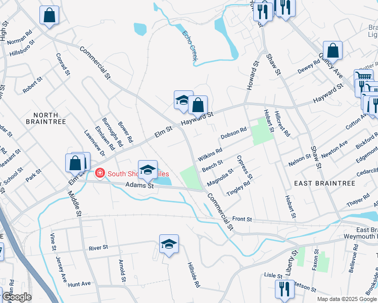 map of restaurants, bars, coffee shops, grocery stores, and more near 499 Commercial Street in Braintree