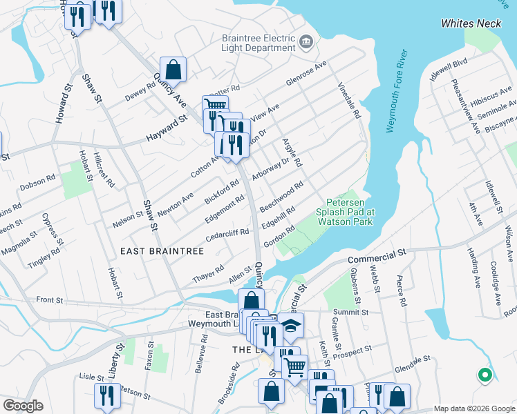 map of restaurants, bars, coffee shops, grocery stores, and more near 8 Beechwood Road in Braintree