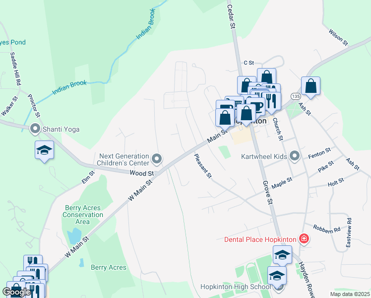 map of restaurants, bars, coffee shops, grocery stores, and more near 100 Main Street in Hopkinton