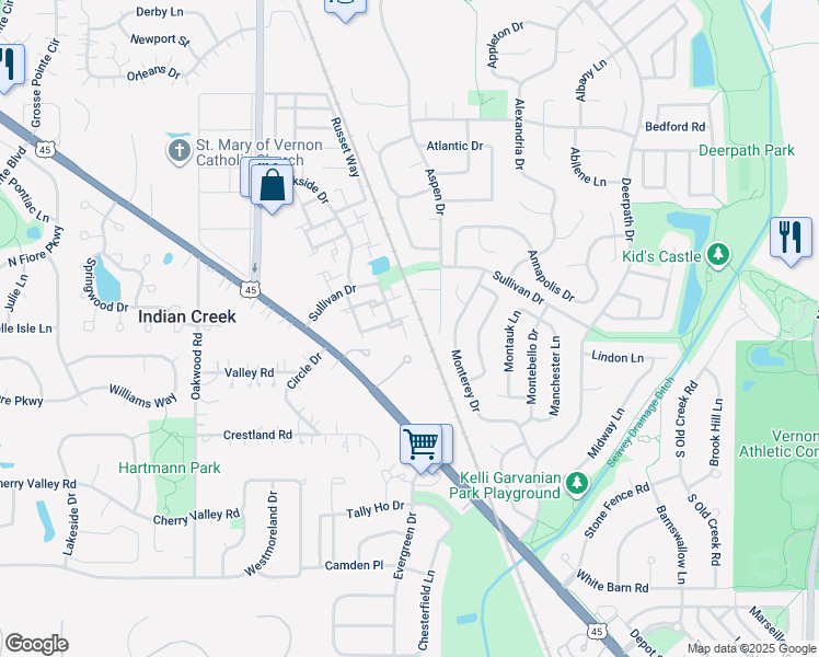 map of restaurants, bars, coffee shops, grocery stores, and more near 15 Aspen Drive in Vernon Hills