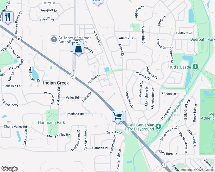 map of restaurants, bars, coffee shops, grocery stores, and more near 341 Birchwood Court in Vernon Hills