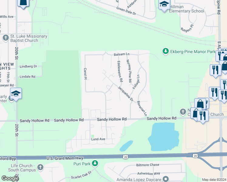 map of restaurants, bars, coffee shops, grocery stores, and more near 3110 Meriday Lane in Rockford