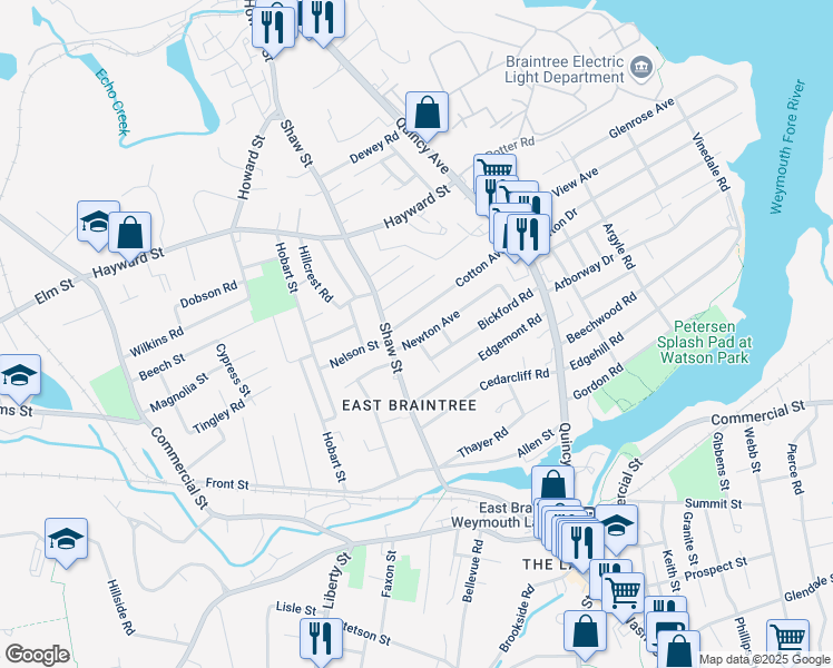 map of restaurants, bars, coffee shops, grocery stores, and more near 5 Cotton Avenue in Braintree