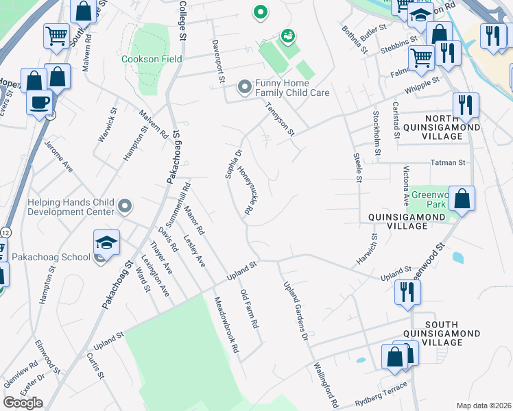 map of restaurants, bars, coffee shops, grocery stores, and more near 14 Honeysuckle Road in Worcester