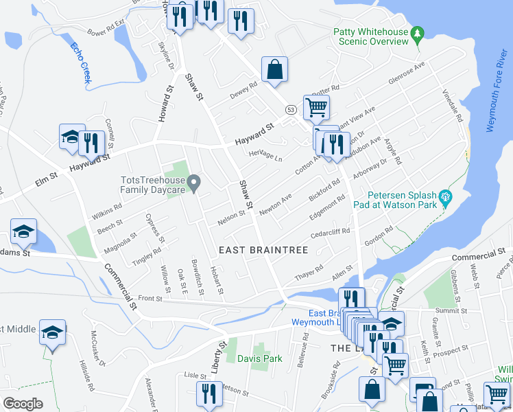 map of restaurants, bars, coffee shops, grocery stores, and more near 5 Cotton Avenue in Braintree