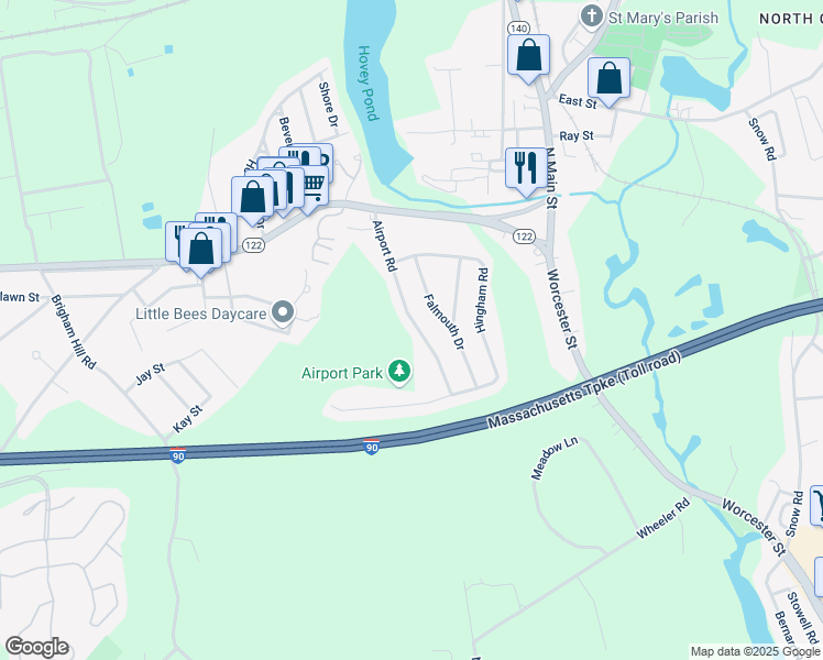 map of restaurants, bars, coffee shops, grocery stores, and more near 28 Airport Road in Grafton