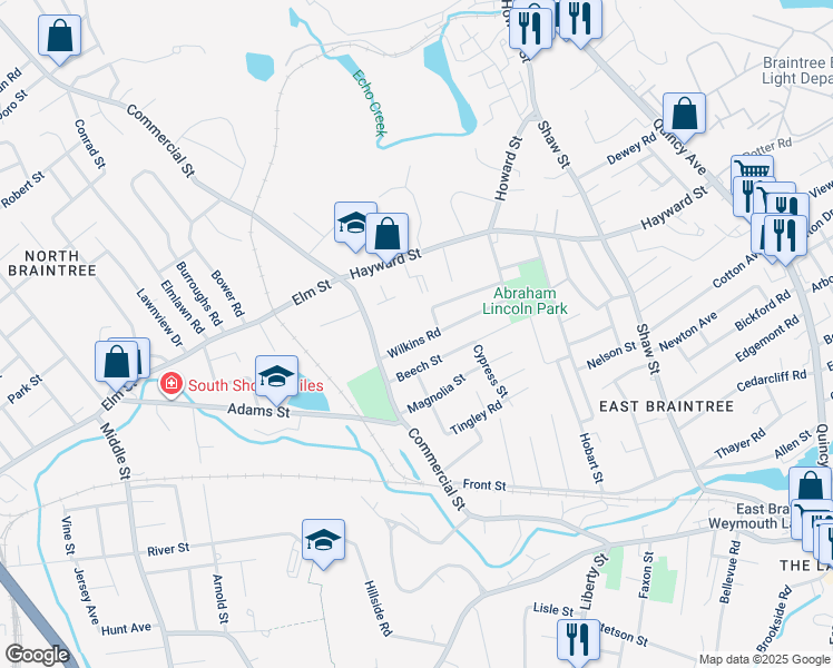 map of restaurants, bars, coffee shops, grocery stores, and more near 34 Wilkins Road in Braintree