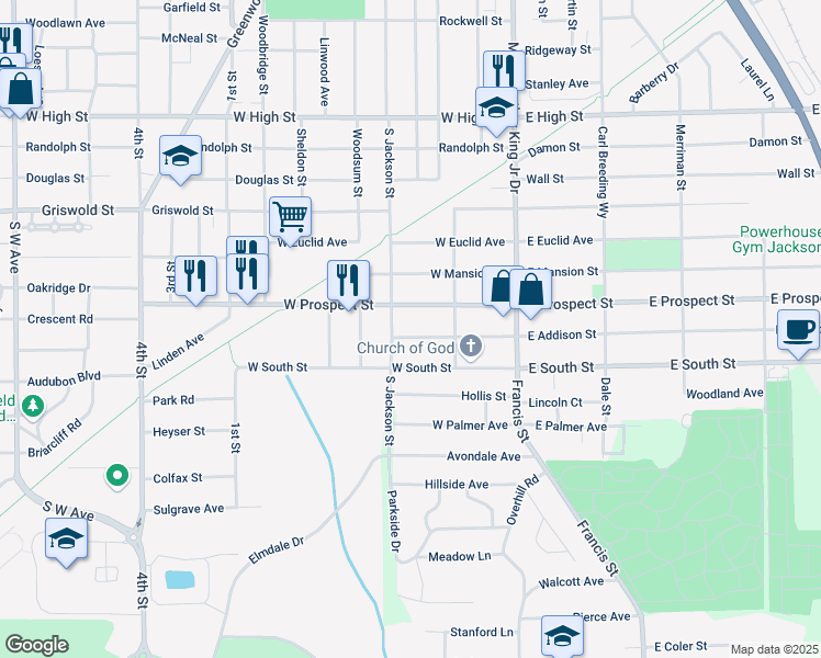map of restaurants, bars, coffee shops, grocery stores, and more near 178 West Addison Street in Jackson