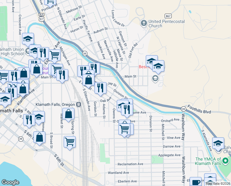 map of restaurants, bars, coffee shops, grocery stores, and more near 2207 Oak Avenue in Klamath Falls