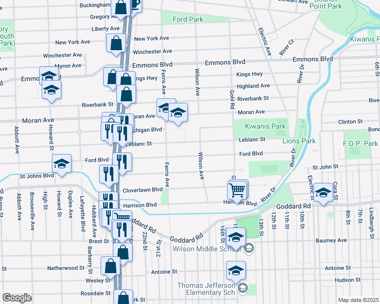 map of restaurants, bars, coffee shops, grocery stores, and more near 934 Ford Boulevard in Lincoln Park
