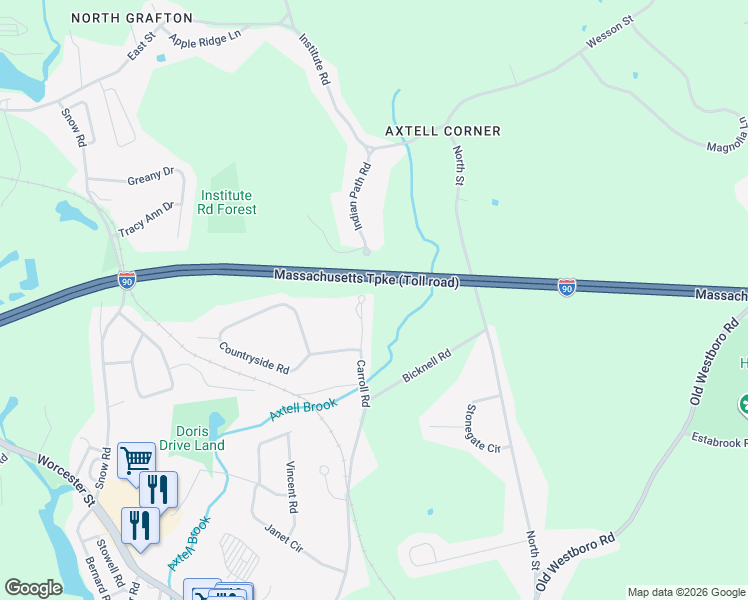 map of restaurants, bars, coffee shops, grocery stores, and more near 78 Carroll Road in Grafton