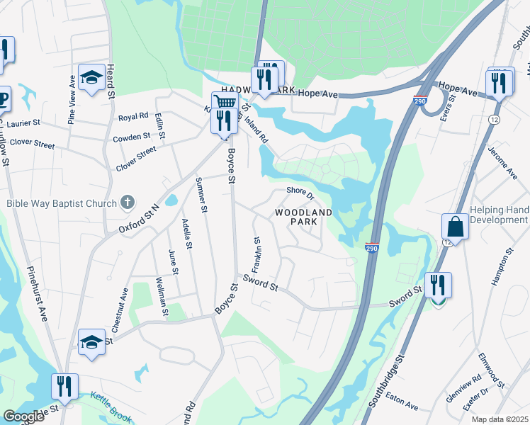 map of restaurants, bars, coffee shops, grocery stores, and more near 18 Woodland Road in Auburn