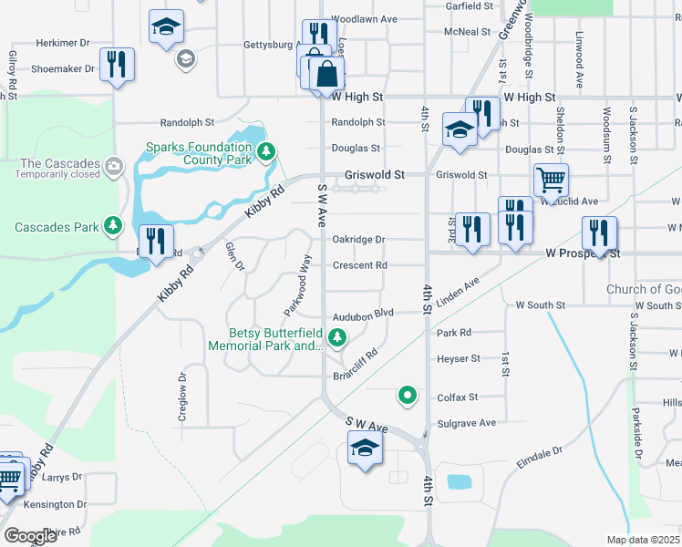 map of restaurants, bars, coffee shops, grocery stores, and more near 773 Crescent Road in Jackson