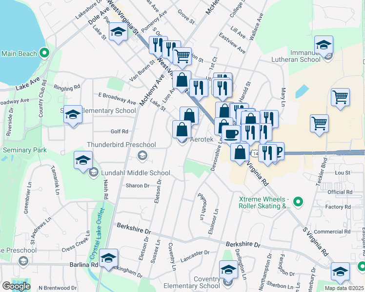 map of restaurants, bars, coffee shops, grocery stores, and more near 500 Coventry Lane in Crystal Lake