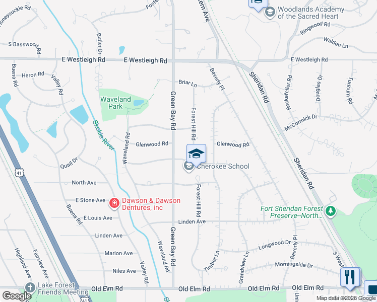 map of restaurants, bars, coffee shops, grocery stores, and more near 737 Forest Hill Road in Lake Forest