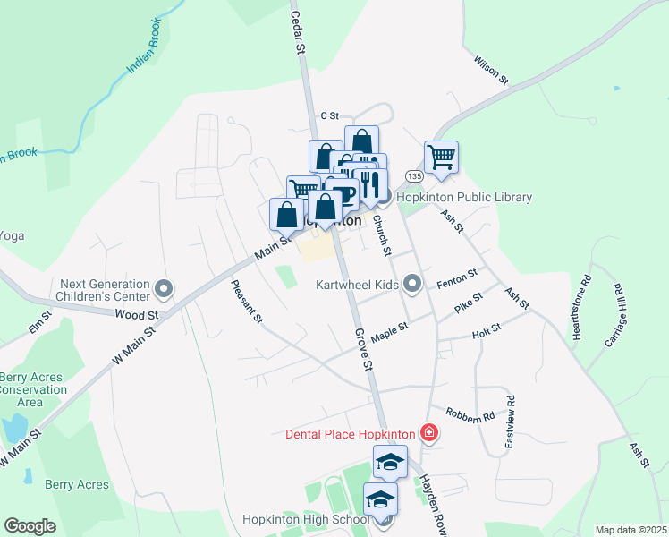 map of restaurants, bars, coffee shops, grocery stores, and more near 28 Grove Street in Hopkinton