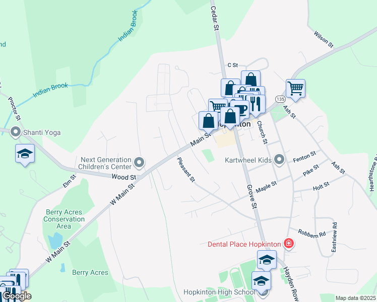 map of restaurants, bars, coffee shops, grocery stores, and more near 93 Main Street in Hopkinton
