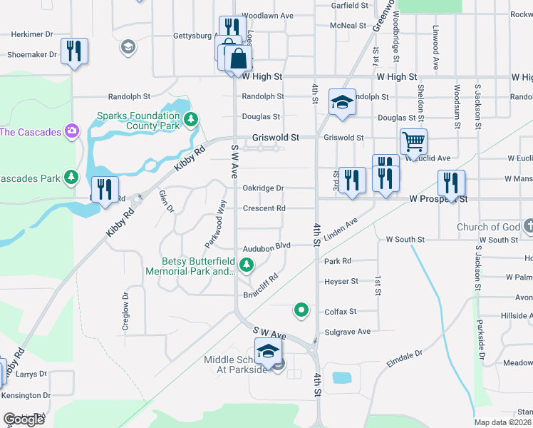 map of restaurants, bars, coffee shops, grocery stores, and more near 726 Woodfield Drive in Jackson