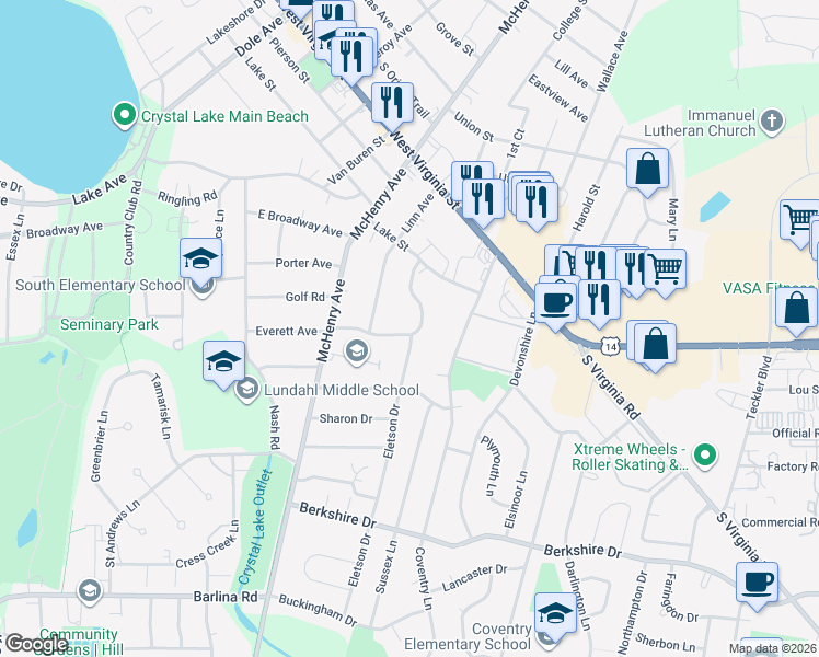 map of restaurants, bars, coffee shops, grocery stores, and more near 340 Everett Avenue in Crystal Lake