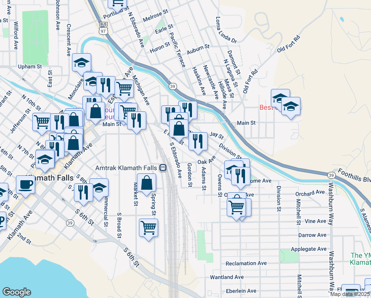 map of restaurants, bars, coffee shops, grocery stores, and more near 210 East Main Street in Klamath Falls
