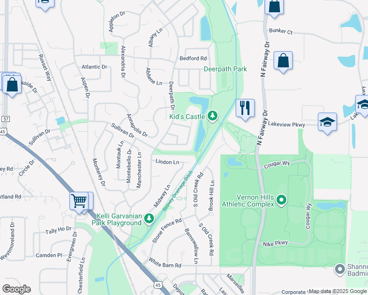 map of restaurants, bars, coffee shops, grocery stores, and more near 17 Malvern Lane in Vernon Hills