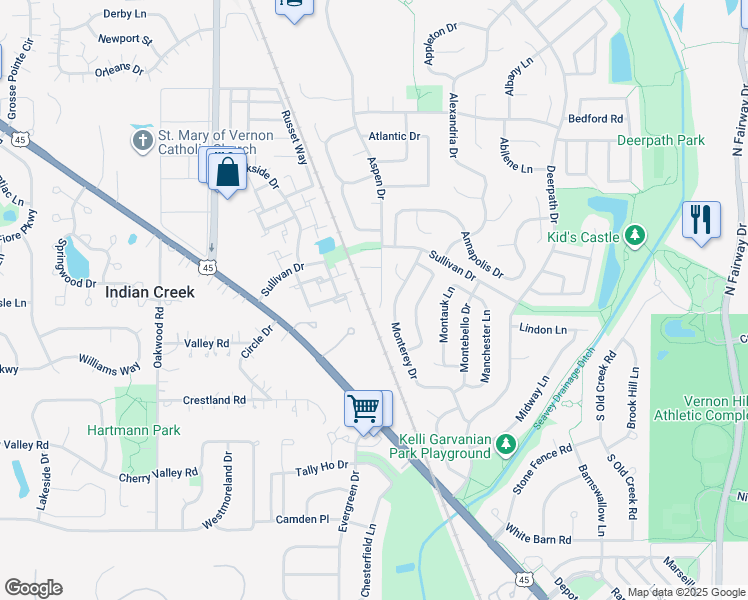 map of restaurants, bars, coffee shops, grocery stores, and more near 15 Aspen Drive in Vernon Hills