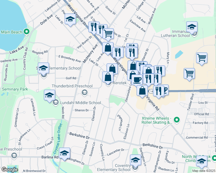 map of restaurants, bars, coffee shops, grocery stores, and more near 500 Coventry Lane in Crystal Lake