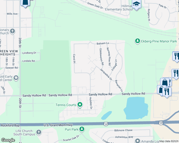 map of restaurants, bars, coffee shops, grocery stores, and more near 3110 Meriday Lane in Rockford