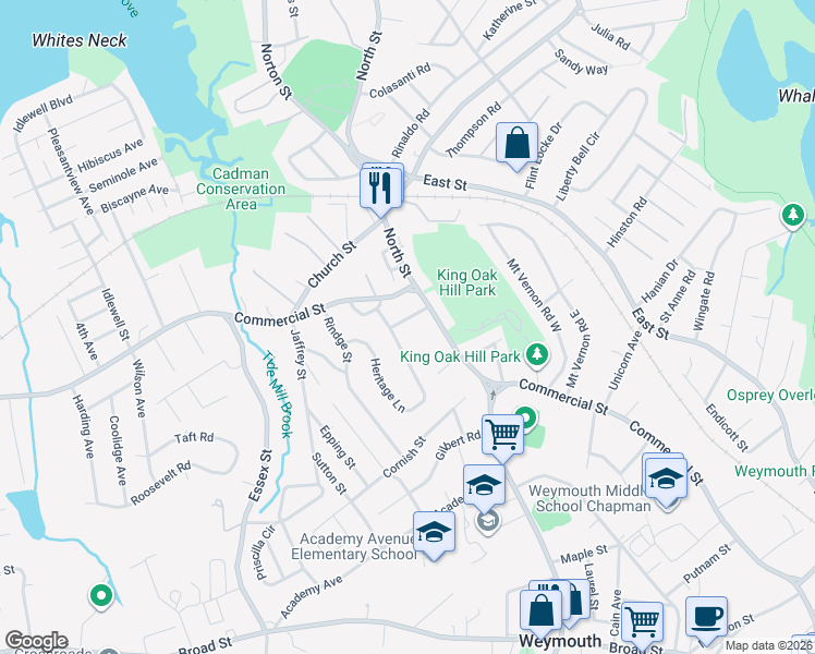 map of restaurants, bars, coffee shops, grocery stores, and more near 24 Richards Road in Weymouth