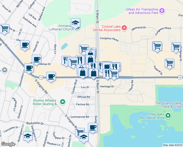 map of restaurants, bars, coffee shops, grocery stores, and more near 6116 Northwest Hwy in Crystal Lake