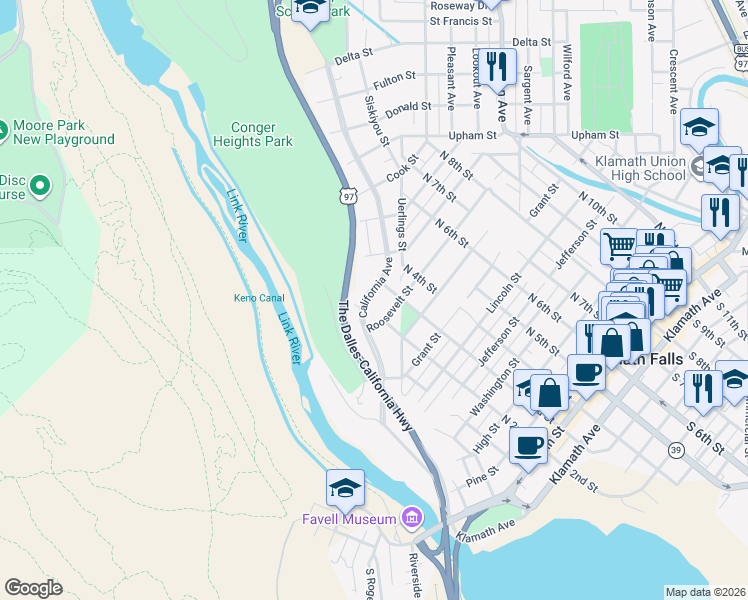 map of restaurants, bars, coffee shops, grocery stores, and more near 855 California Avenue in Klamath Falls