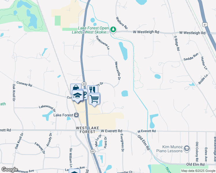 map of restaurants, bars, coffee shops, grocery stores, and more near 919 Coventry Drive in Lake Forest
