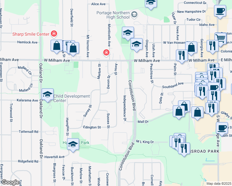 map of restaurants, bars, coffee shops, grocery stores, and more near 6218 Avon Street in Portage