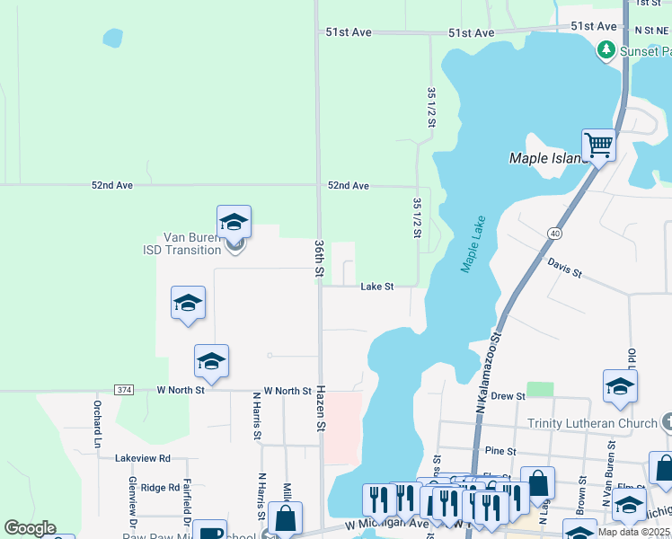 map of restaurants, bars, coffee shops, grocery stores, and more near 150 Lake Street in Paw Paw