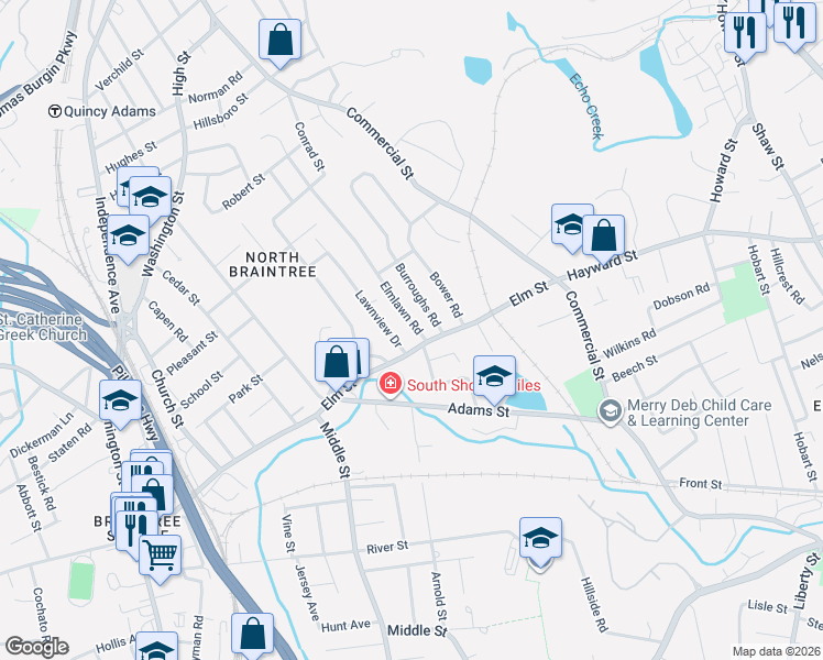 map of restaurants, bars, coffee shops, grocery stores, and more near 9 Lawnview Drive in Braintree