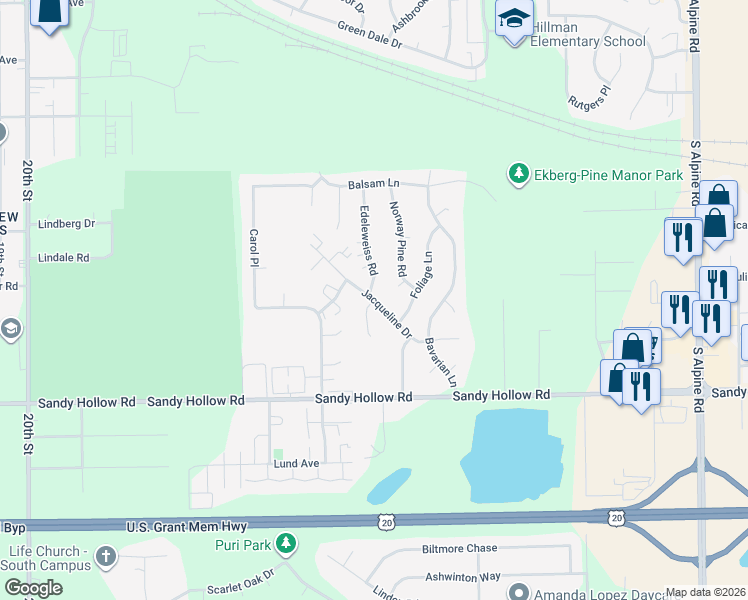 map of restaurants, bars, coffee shops, grocery stores, and more near 3022 Edelweiss Road in Rockford