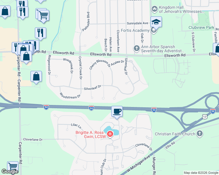 map of restaurants, bars, coffee shops, grocery stores, and more near 4259 Chandi Court in Ypsilanti