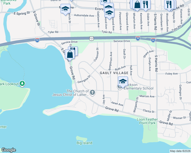 map of restaurants, bars, coffee shops, grocery stores, and more near 1343 Jeffery Street in Ypsilanti