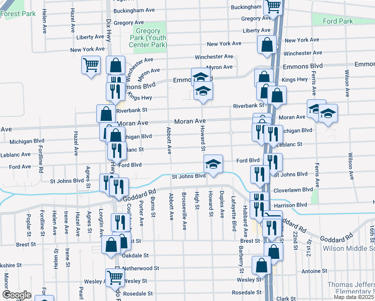 map of restaurants, bars, coffee shops, grocery stores, and more near 1674 Ford Boulevard in Lincoln Park