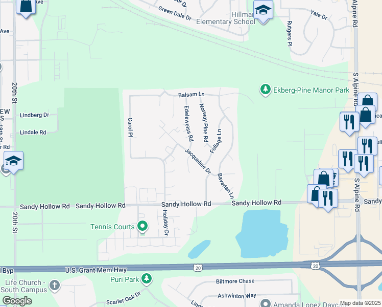 map of restaurants, bars, coffee shops, grocery stores, and more near 3007 Edelweiss Road in Rockford