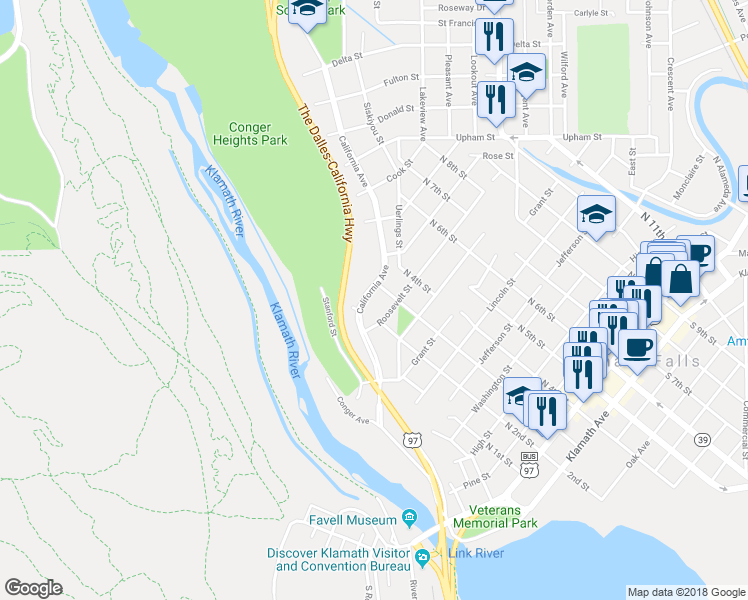 map of restaurants, bars, coffee shops, grocery stores, and more near 207 Roosevelt Street in Klamath Falls