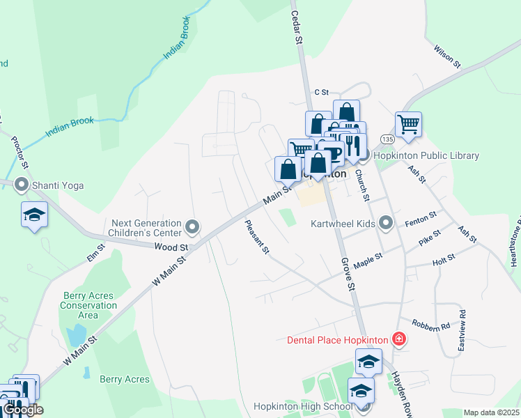 map of restaurants, bars, coffee shops, grocery stores, and more near 93 Main Street in Hopkinton