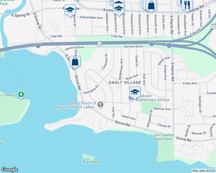 map of restaurants, bars, coffee shops, grocery stores, and more near 1380 Jay Avenue in Ypsilanti