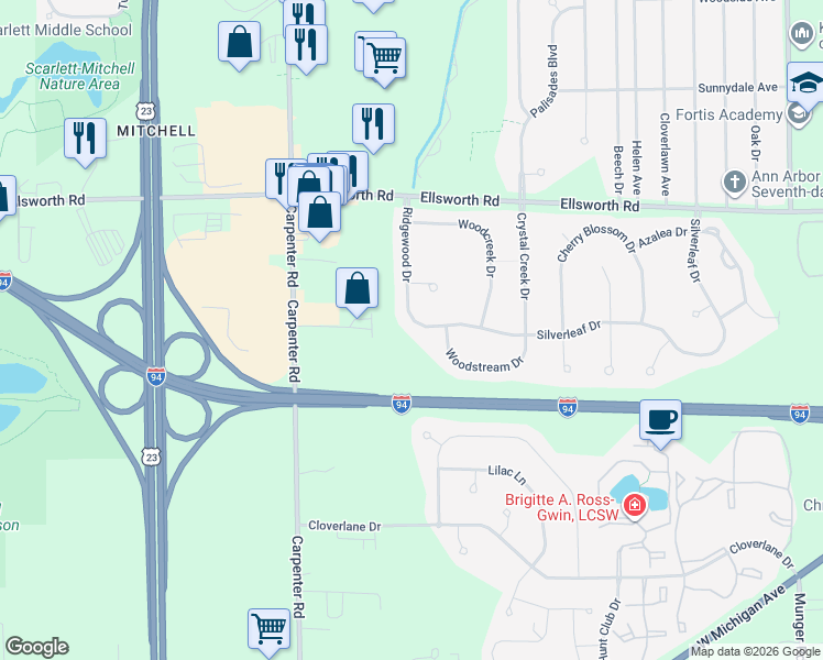 map of restaurants, bars, coffee shops, grocery stores, and more near 4278 Ridgewood Drive in Ypsilanti